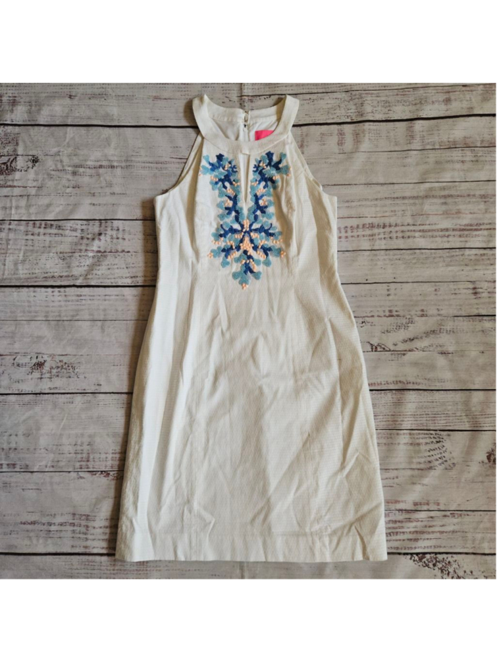 Lilly Pulitzer Jena Stretch Shift Dress White Beaded Sleeveless Womens 4 Keyhole